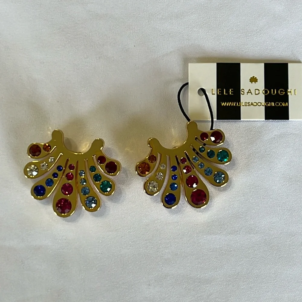 Lele Sadoughi Crystal Button Earrings Clip On in Glass Rainbow 14K Gold NWT